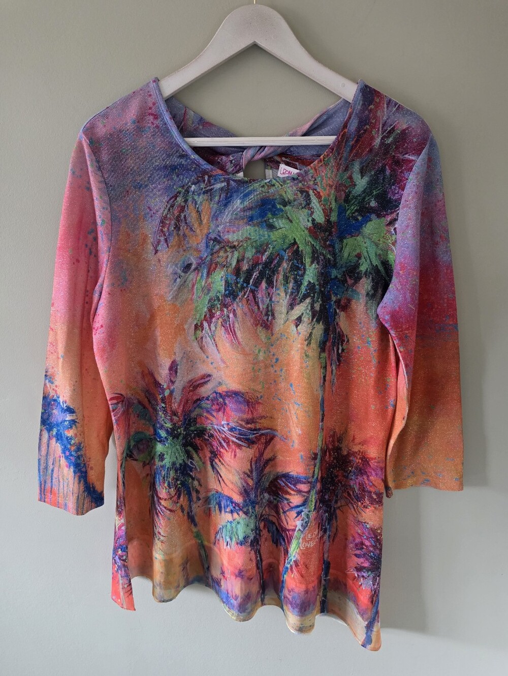 NWOT Leoma Lovegrove L Eclectic Artsy Resortwear Tropical Metallic Shimmer Top